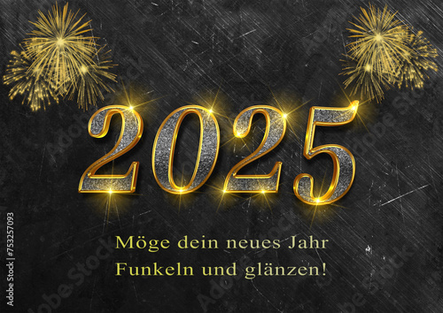 Karte oder Banner, um ein neues Jahr 2025 in Gold und Grau zu wünschen, das auf einem schwarz-grauen Hintergrund mit goldenem Feuerwerk glänzt und funkelt