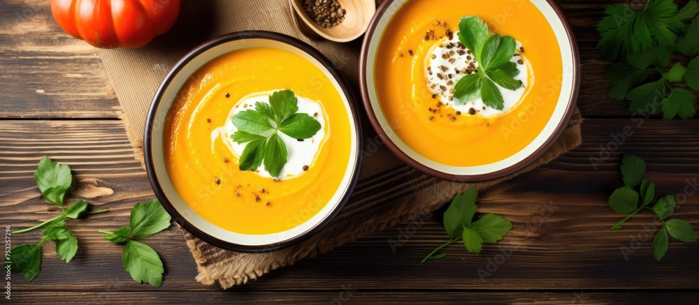 Delicious Homemade Soup: Two Bowls with Creamy Sour Cream and Fresh Herbs Delicious Homemade Soup: Two Bowls with Creamy Sour Cream and Fresh Herbs