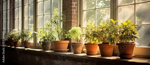 Serene Charm of Indoor Gardening  Array of Lush Potted Plants on a Bright Window Sill