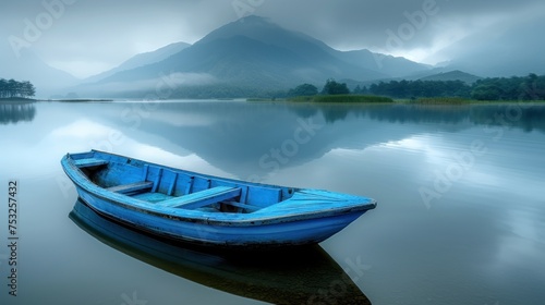 a small blue boat floating on top of a lake next to a lush green forest covered mountain covered in clouds.