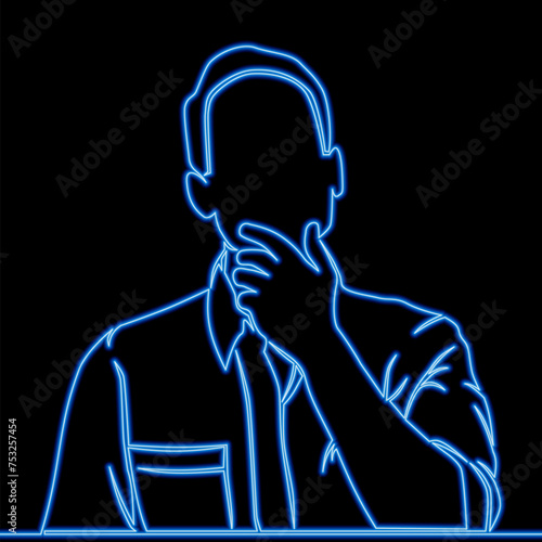 Man stands tensely thinking intelligent person ponders, make a decision icon neon concept