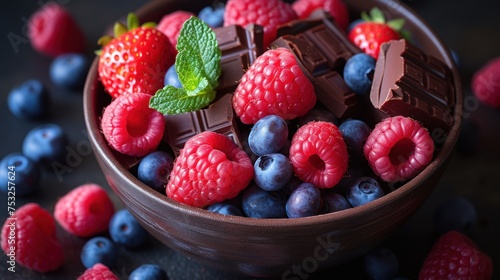 a bowl filled with raspberries, blueberries, and raspberries next to a bar of chocolate. photo