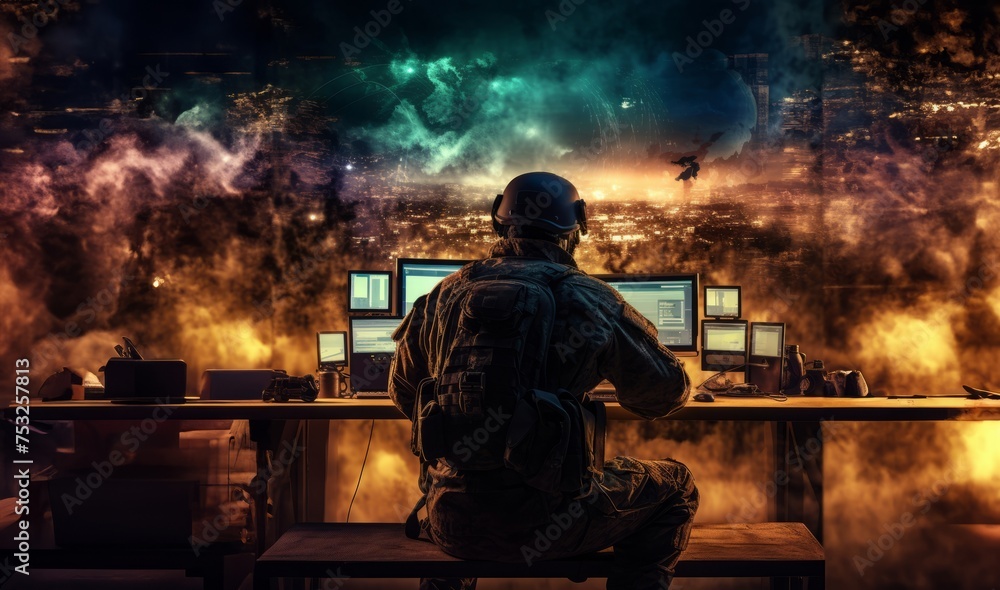 Techno-Warfare Professional Soldier Engaged with Combat Holograms on ...