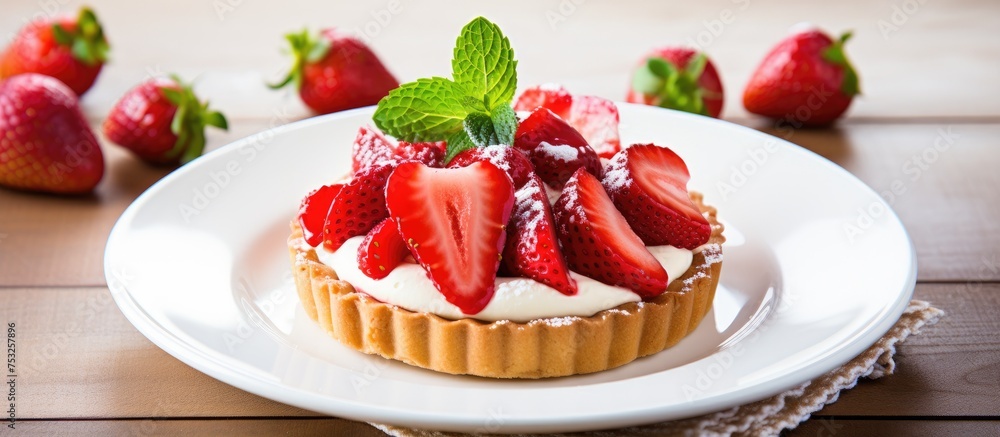 Delicious Plate of Ripe Strawberries and Tempting Cupcake on Wooden Table