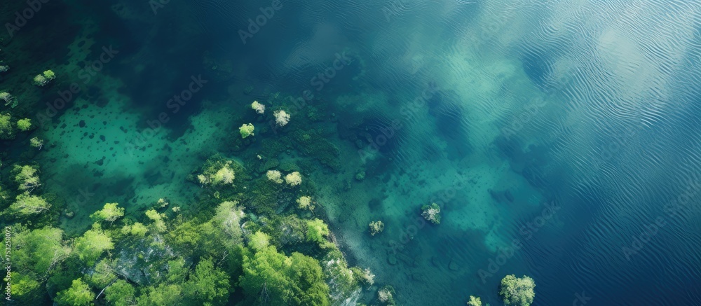 Fototapeta premium Tranquil Lake Surrounded by Lush Greenery and Towering Trees in a Picturesque Setting