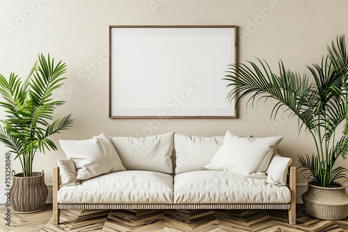 Stylish living room interior with white sofa and blank white canvas on the wall