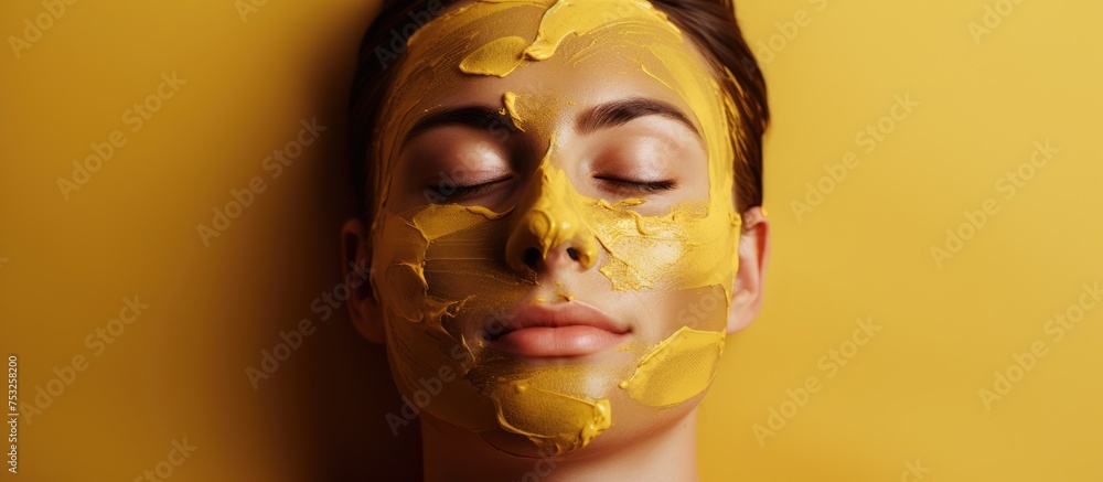 Vibrant woman radiating positivity behind a cheerful yellow mask Vibrant woman radiating positivity behind a cheerful yellow mask