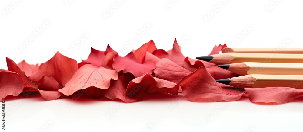 Vibrant Pencils Resting on a Pile of Ruby Red Paper Sheets for Creative Projects Vibrant Pencils Resting on a Pile of Ruby Red Paper Sheets for Creative Projects
