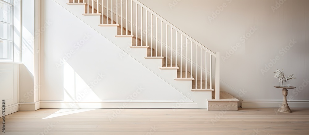 Elegant White Staircase Adorned with a Beautiful Vase of Fresh Flowers Elegant White Staircase Adorned with a Beautiful Vase of Fresh Flowers