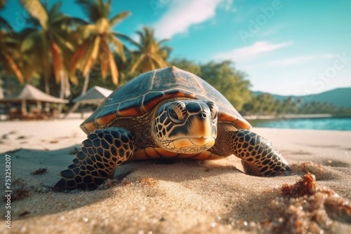 Turtle on a Beach with Palm Trees in the Background 