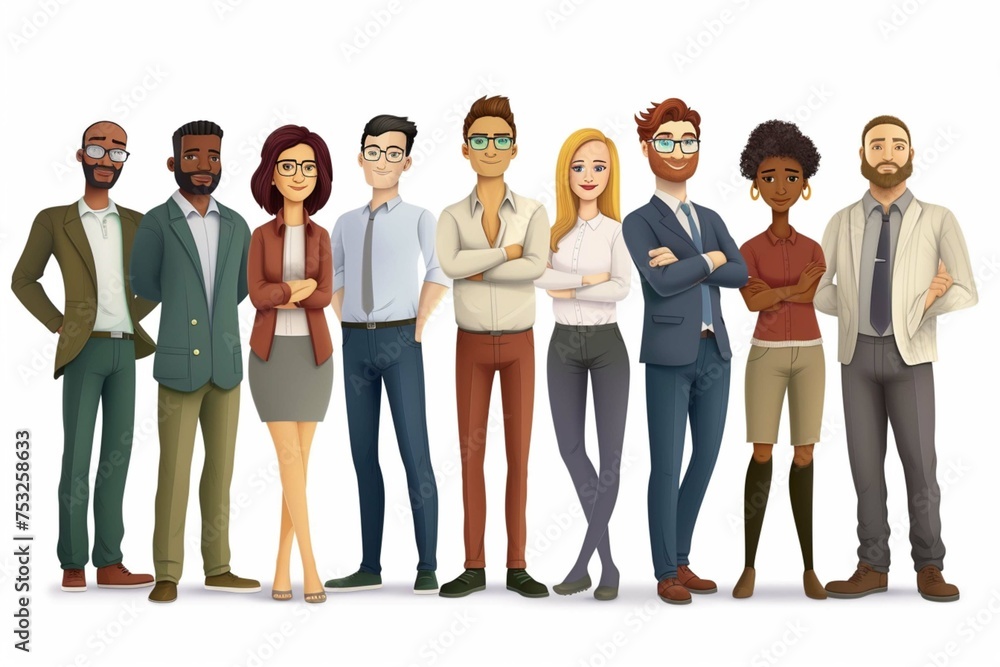 Multinational business team. Vector realistic illustration of diverse cartoon men and women of various ethnicities, ages and body type in smart casual office outfits. Isolated on white background.