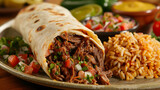 Appetizing beef burrito with rice and salsa