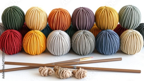 a group of balls of yarn sitting next to two crochet hooks and a pair of wooden knitting needles.