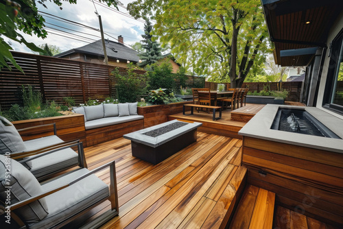 Backyard oasis with wooden deck  cozy fire pit  and lush greenery creating a tranquil outdoor living space
