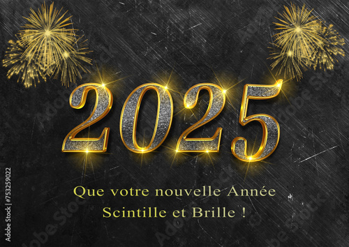 carte ou bandeau pour souhaiter une nouvelle année 2025 en or et gris qui brille et scintille sur un fond noir et gris avec des feux d'artifices de couleur or