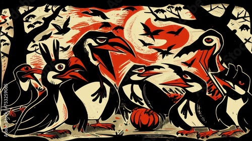a group of birds standing next to each other in front of a tree with bats and pumpkins on it.