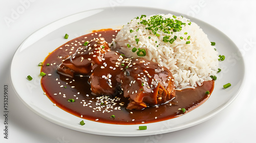 Mexican chicken mole with rice garnished with sesame seeds photo