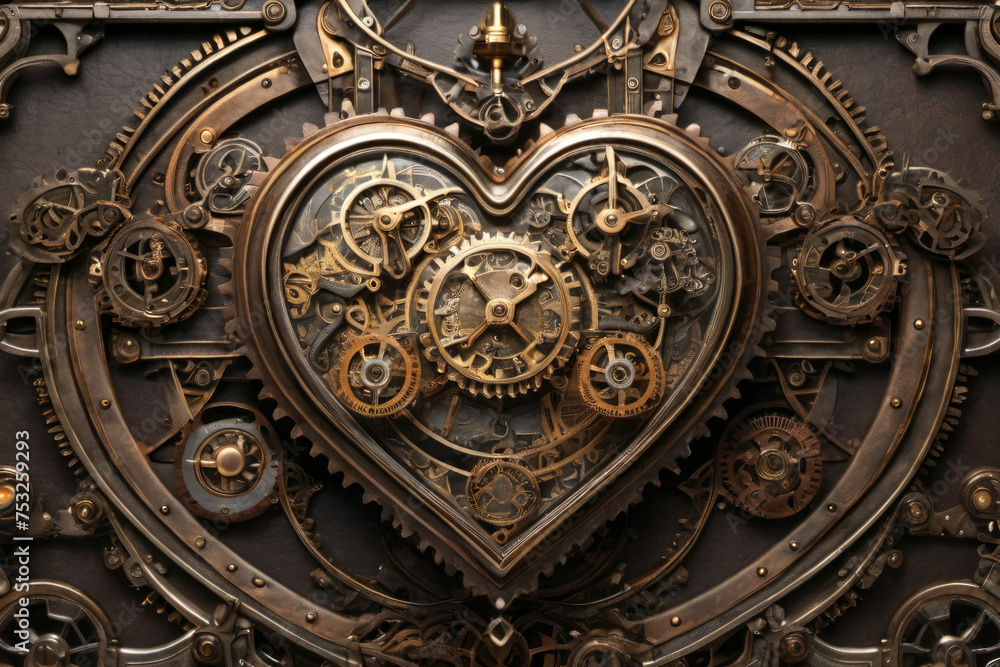 Steampunk heart on wall with intricate mechanisms and gears, surreal Victorian futuristic technology background, bronze and copper colors