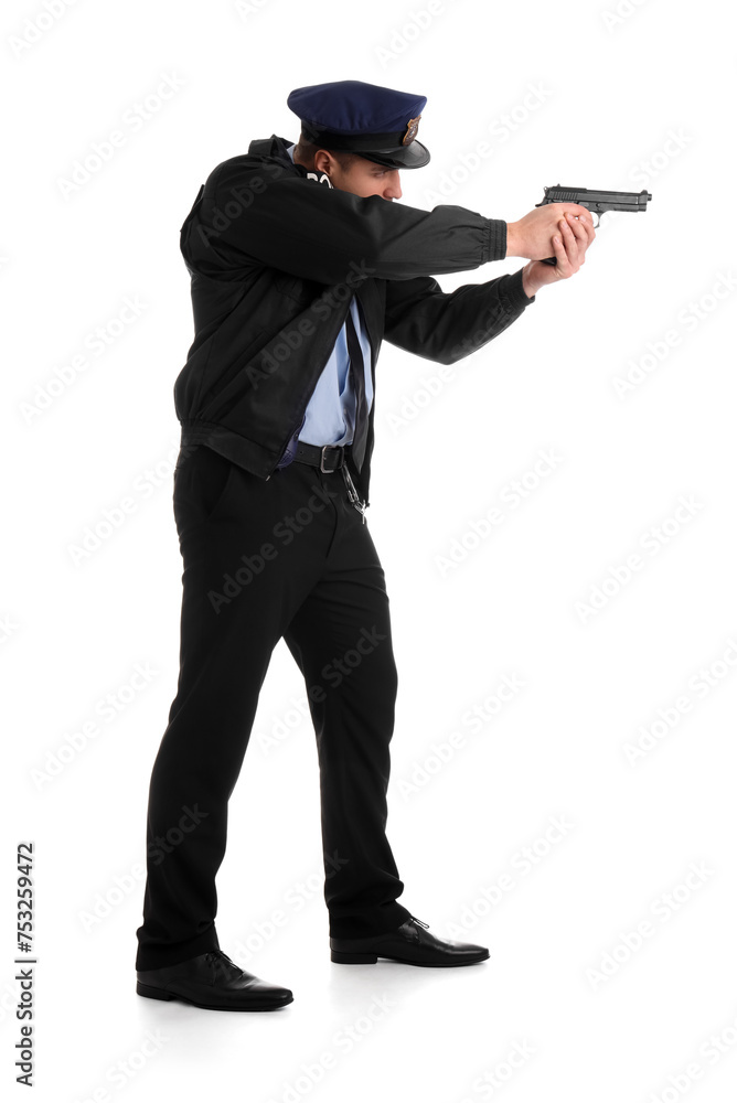 Male police officer wearing uniform with gun on white background Male police officer wearing uniform with gun on white background