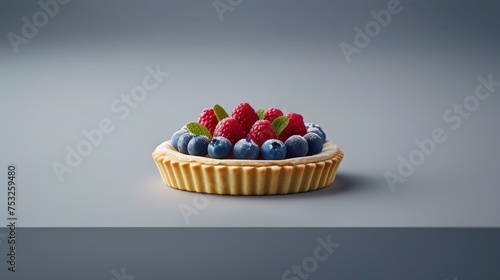 a pie topped with berries and blueberries on top of a gray surface with a green leaf on top of it.