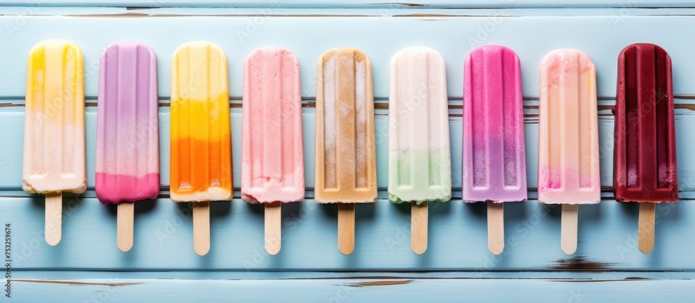 Naklejka premium A Delicious Array of Colorful Popsicles with Varied Flavors in a Row