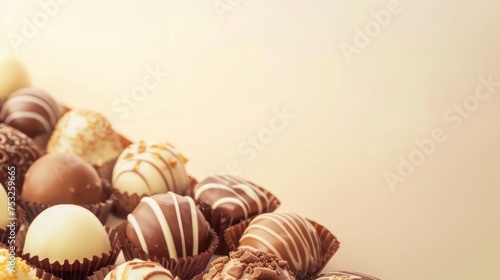 a pile of assorted chocolates sitting on top of each other on top of a white table next to a white wall.