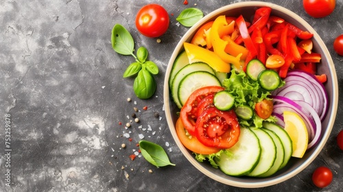 a close up of a bowl of food with tomatoes, cucumbers, bell peppers, and other vegetables. © Olga