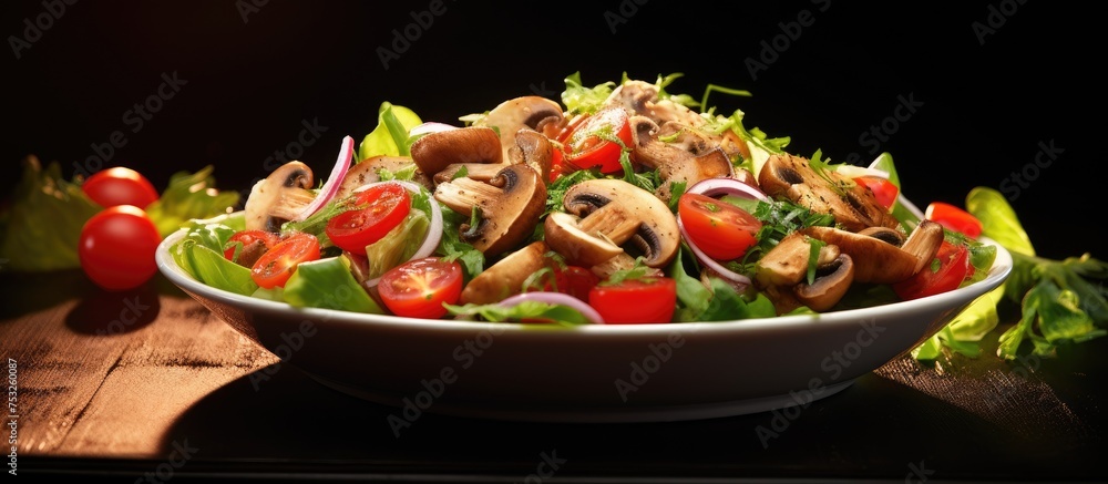 Fresh and Nutritious Salad Bowl Featuring Mushrooms, Tomatoes, and Onions