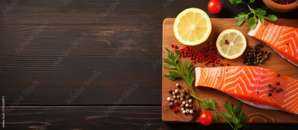 Freshly Sliced Salmon and Zesty Lemons Presented on a Wooden Cutting Board