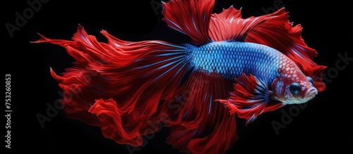 Vibrant Red and Blue Fish Captured Swimming Gracefully in Dark Abyss