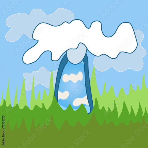 A female character with hair made of clouds and no face, having a blue sky inside the body, standing among grass field. Surrealistic vector drawing. 