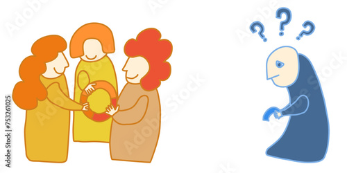 A guy dressed in blue having trouble sociliazing and fitting in with three women dressed in warm orange colors. Vector drawing. 