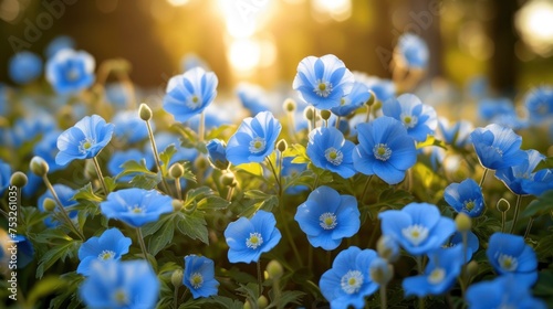 a field of blue flowers with the sun shining through the trees in the background of the picture. photo