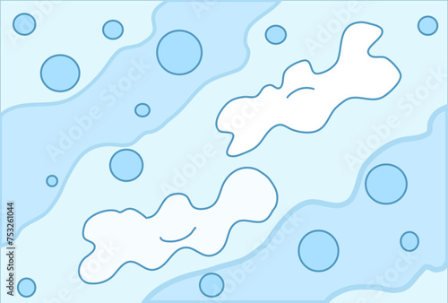 Surreal soothing vector drawing with smiling clouds, waves and bubbles in soft pastel.blue colors. 
