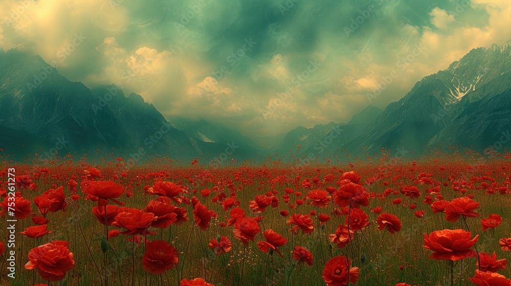 Obraz premium a field of red flowers in front of a mountain range with a sky filled with clouds and mountains in the background.