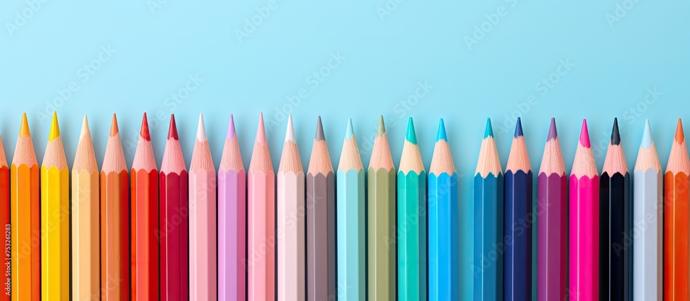 Vibrant Colored Pencils Arranged Neatly on Blue Background for Creative Art Projects Vibrant Colored Pencils Arranged Neatly on Blue Background for Creative Art Projects
