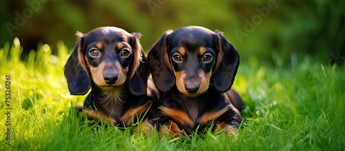 Two Adorable Pups Relaxing in a Green Field under the Warm Sunlight