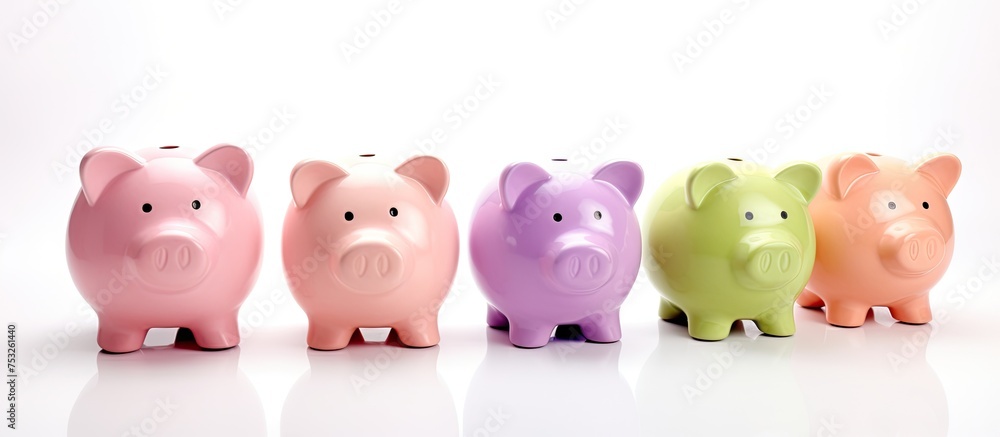 Diverse Row of Cute Pig Figurines Standing on Shelf in Playful Pose