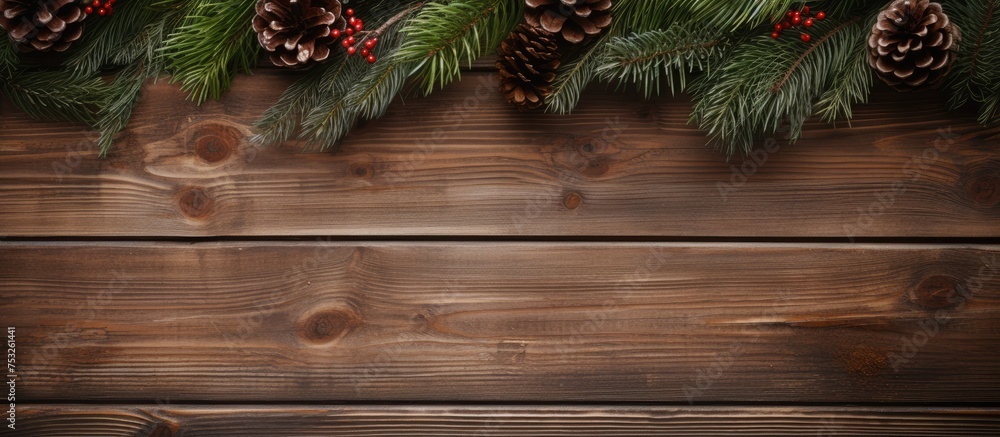 Rustic Pine Branches with Cones and Pinecones on a Natural Wooden Background Rustic Pine Branches with Cones and Pinecones on a Natural Wooden Background