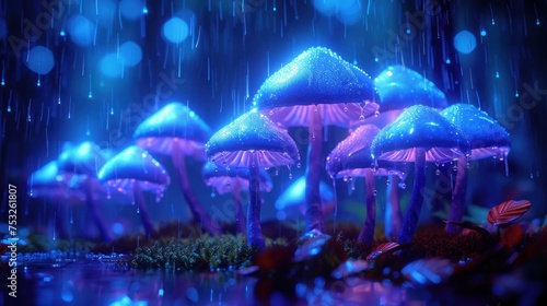 a group of blue mushrooms sitting on top of a lush green field next to a forest filled with green leaves.