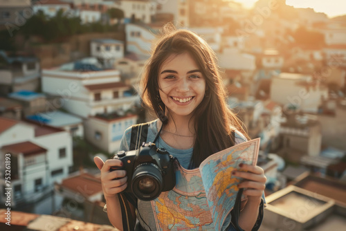 Mujer joven turista portando un mapa y una cámara de fotos en sus manos, sobre fondo de un pueblo montaña en la puesta de sol photo