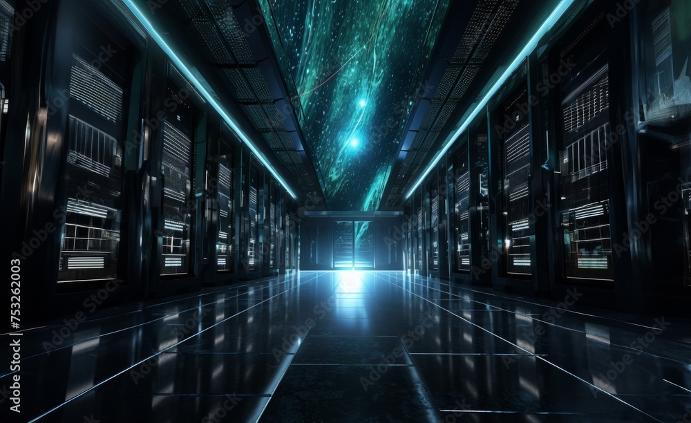 The hidden world that powers our digital lives: a modern server room.Generated image