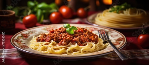 Delicious Homemade Spaghetti with Savory Meat and Tomato Sauce on Plate