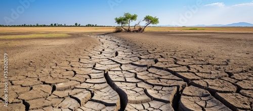 Dry Earthscape: Arid Ground Cracked Under Hot Sun, Drought Climate Conceptual Illustration photo