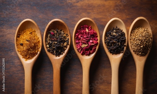 Various spices in wooden spoons on wooden background. Top view.