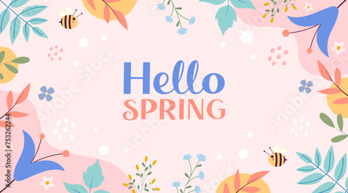 Hello spring background  poster  banner with floral elements. Colorful and modern vector illustration with spring flowers and branches.