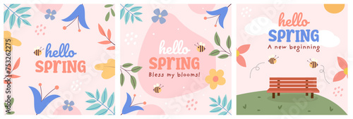 Hello spring greeting card, poster collection. Spring floral square template frames with decorative elements. Flowers, branches, leafs, bees, bench. Hand drawn vector illustrations with text. 