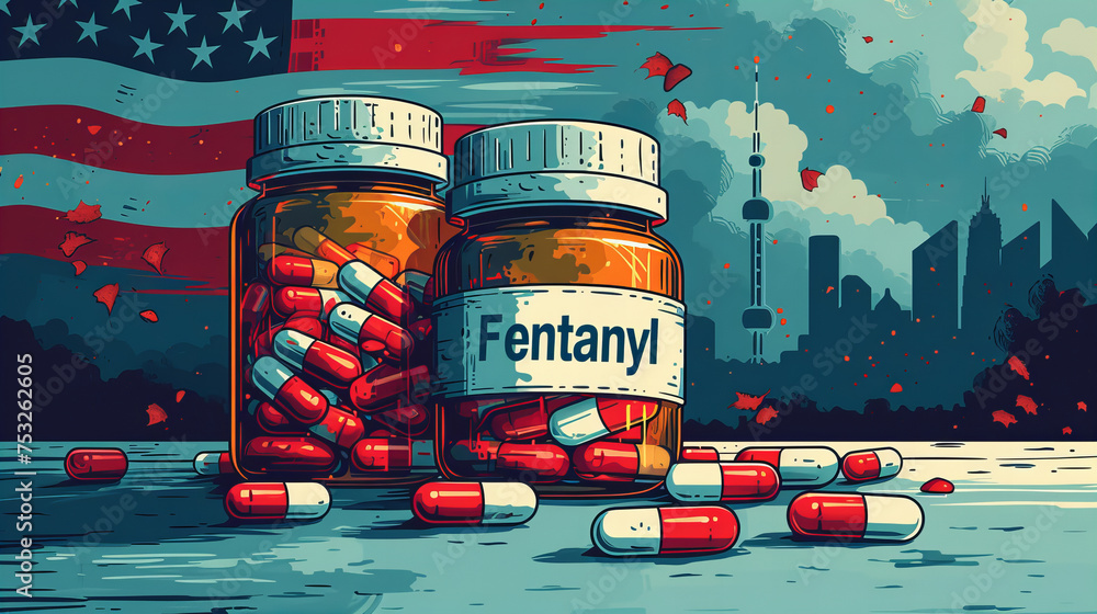 Opioid Crisis Depiction, USA Urban Backdrop with Fentanyl Pills - obrazy, fototapety, plakaty 