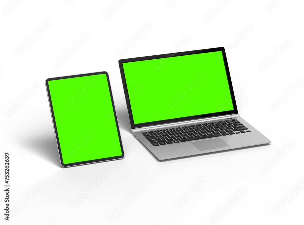 3d render of laptop and tablet with green screen on a transparent background 3d render of laptop and tablet with green screen on a transparent background