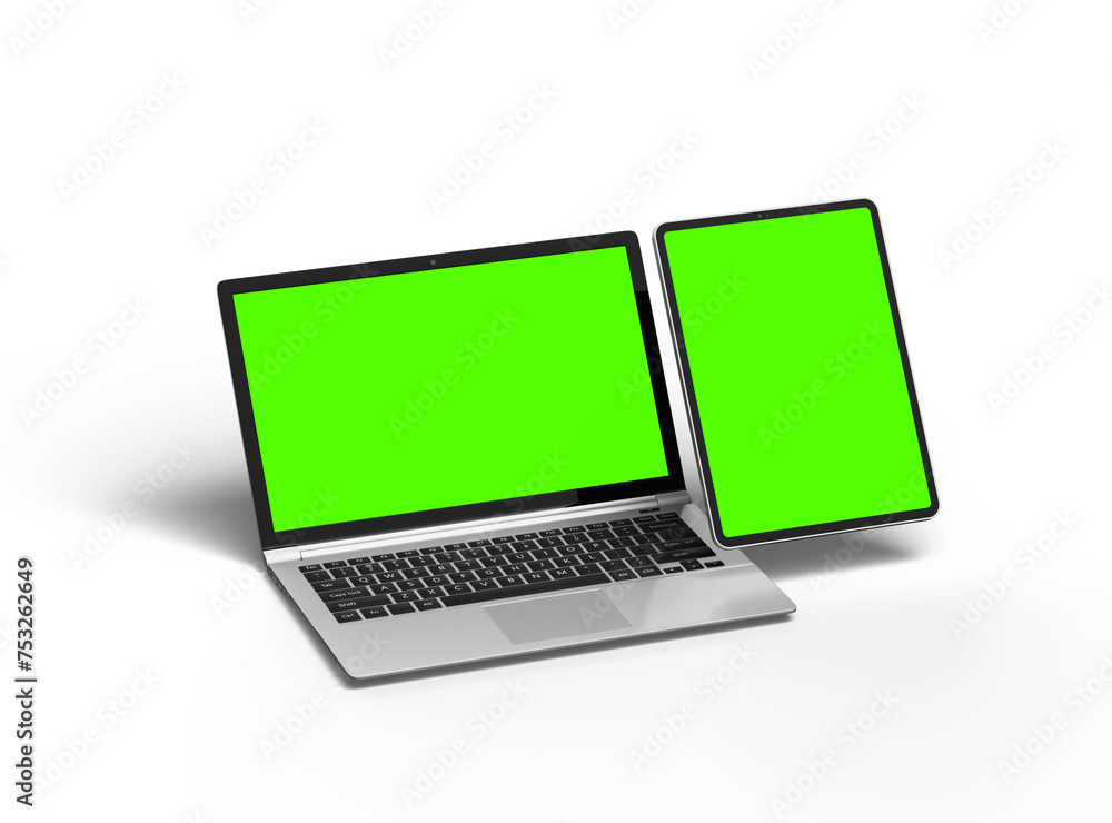 3d render of laptop and tablet with green screen on a transparent background 3d render of laptop and tablet with green screen on a transparent background